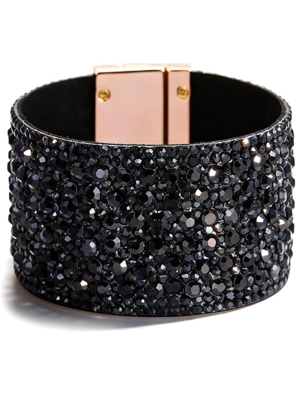 Black Bracelets for Women Rhinestone Cuff Bracelet Leather Wrap Bracelets Birthday Party Prom Jewelry Gifts