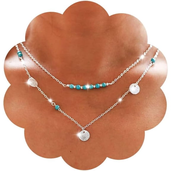 Soleilie Boho Turquoise Necklace Sequin Pendant Necklaces Layered Bead Necklace Chain Western Necklace Jewelry for Women
