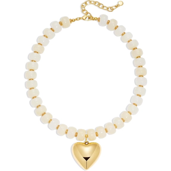 Soleilie Colorful Chunky Beaded Necklace with Gold Puff Heart Pendant Statement Necklace for Women
