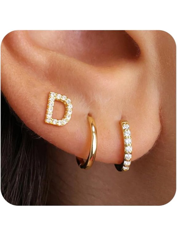 Easter Basket Stuffed Gift Set for Women - 3 Pairs of Gold/Silver/Rose Gold Earrings, Women's CZ Letter Stud Earrings, Hypoallergenic Earring Set, Suitable for Multiple Ear Piercings