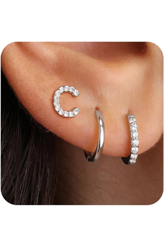 Easter Basket Stuffed Gift Set for Women - 3 Pairs of Gold/Silver/Rose Gold Earrings, Women's CZ Letter Stud Earrings, Hypoallergenic Earring Set, Suitable for Multiple Ear Piercings