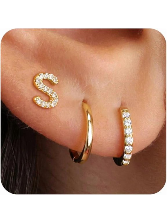 Easter Basket Stuffed Gift Set for Women - 3 Pairs of Gold/Silver/Rose Gold Earrings, Women's CZ Letter Stud Earrings, Hypoallergenic Earring Set, Suitable for Multiple Ear Piercings