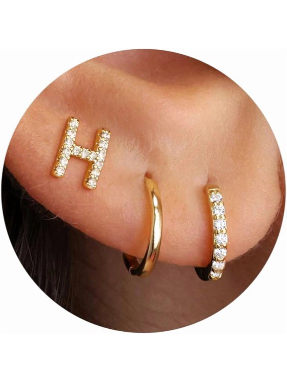 Easter Basket Stuffed Gift Set for Women - 3 Pairs of Gold/Silver/Rose Gold Earrings, Women's CZ Letter Stud Earrings, Hypoallergenic Earring Set, Suitable for Multiple Ear Piercings