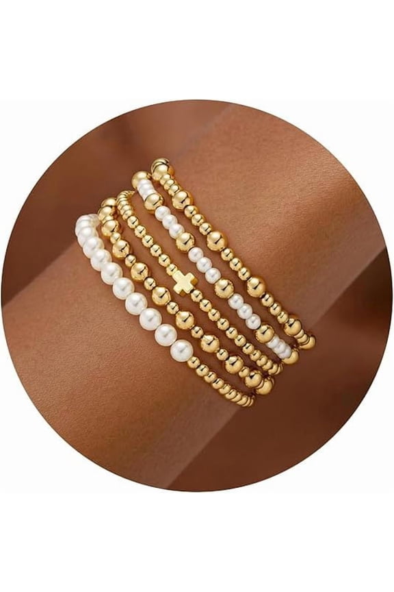 Gold-Tone Beaded Bracelet Set for Women - 5-Piece Stackable Faux Pearl & Cross Charm Bracelets, Dainty Elastic Stretch Jewelry Gift for Her
