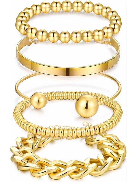 Gold Bracelets Stack for Women Trendy, 5 Pcs Chunky Adjust Chain Beaded Cuff Bangles Bracelet Pack, Stackable Women's Gold Bracelets Set
