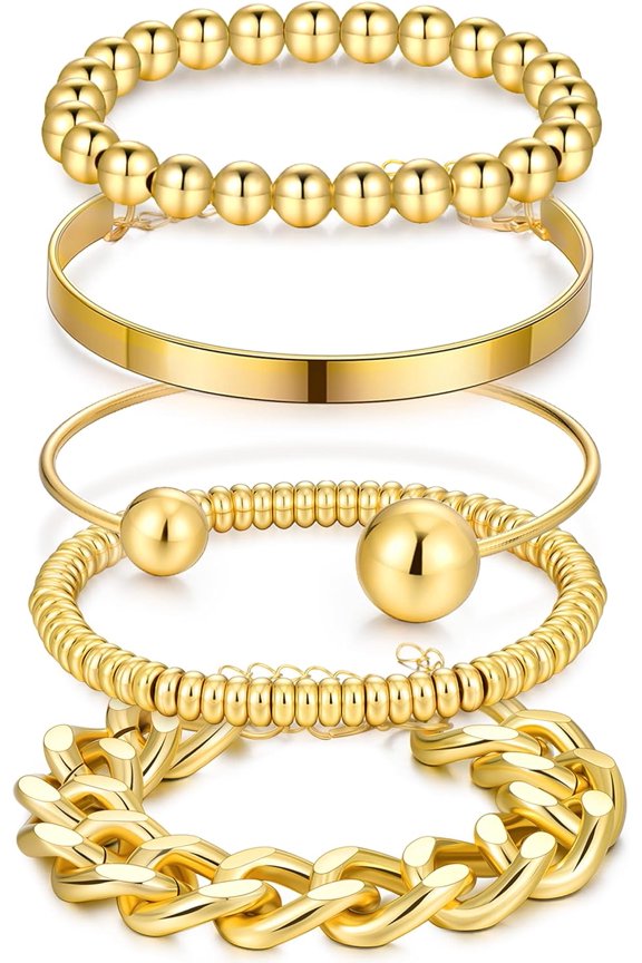 Gold Bracelets Stack for Women Trendy, 5 Pcs Chunky Adjust Chain Beaded Cuff Bangles Bracelet Pack, Stackable Women's Gold Bracelets Set