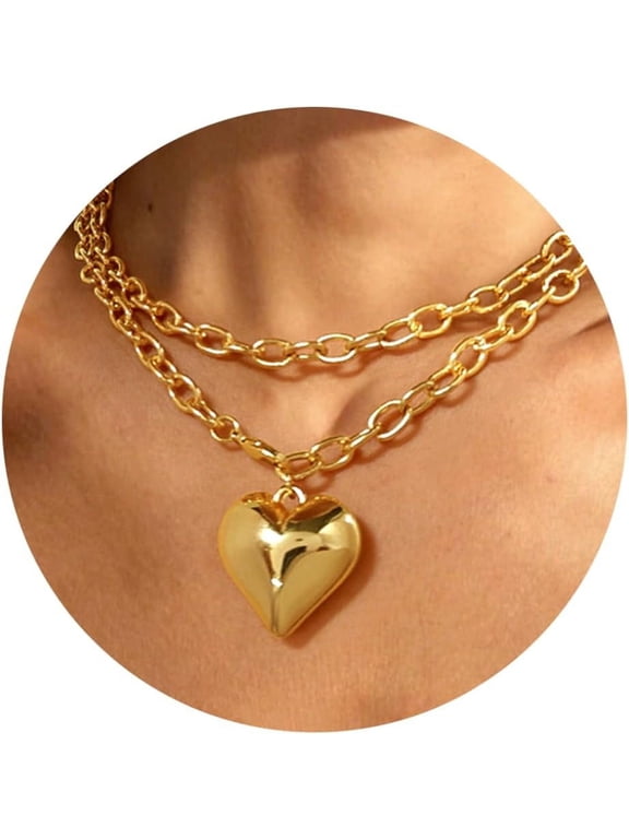 Gold Chunky Chain Necklace for Women Puffy Heart Pendant Necklace White Gold Thick Chunky Chain Link Necklaces Heart Coin Choker Necklace