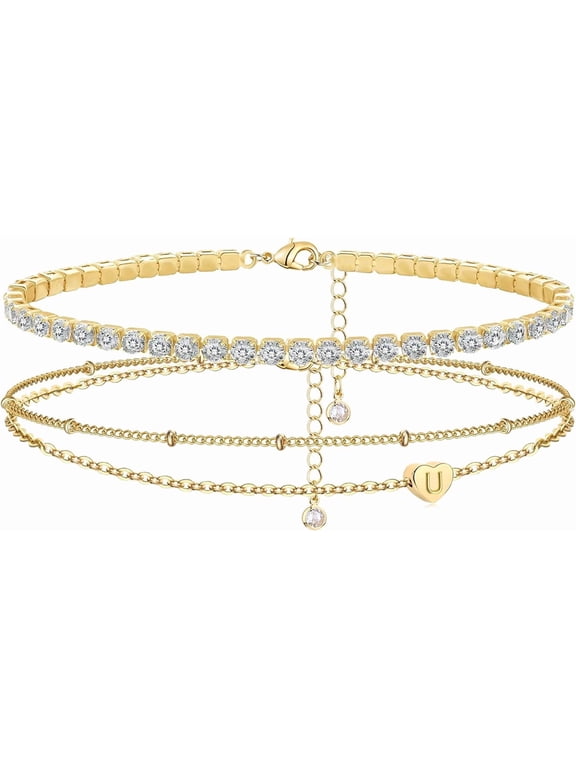 Gold Initial Bracelets for Women, 14K Gold Plated Bracelet Sets Trendy Gold Bracelet Stack Dainty Heart Letter Initial Bracelets Adjustable Tennis Bracelets Personalized Jewelry for Women