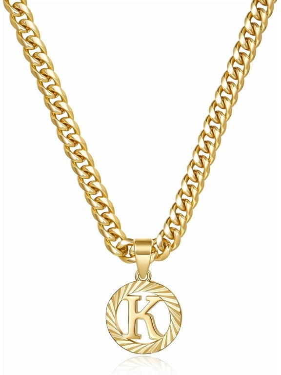 Gold Initial Necklace,14K Gold Plated Round Letter Pendant Hollow Capital Monogram 5mm Cuban Chain Necklace Alphabets from A-Z Dainty Jewelry for Women Men