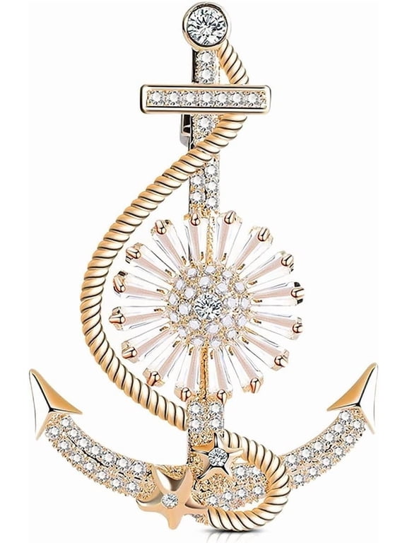 Soleilie Gold-Tone Anchor Nautical Brooch Pin Sparkling CZ Ship Anchor Jewelry with Rope Detail, Scarf & Suit Accessory for Men & Women