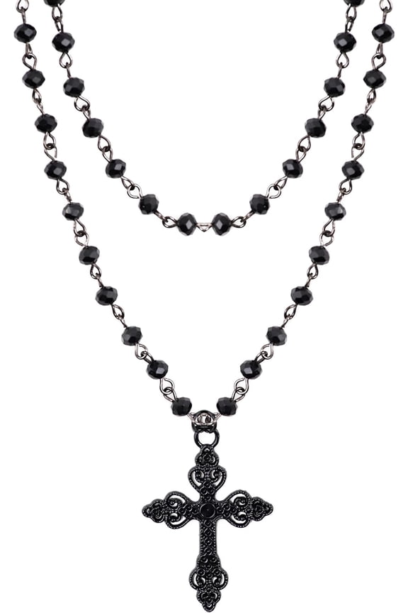 Gothic Layered Cross Choker Necklace, Black Bead Cross Choker, Gothic Emo Grunge Necklace, Costume Jewelry, Halloween Christmas Jewelry Gift for Women