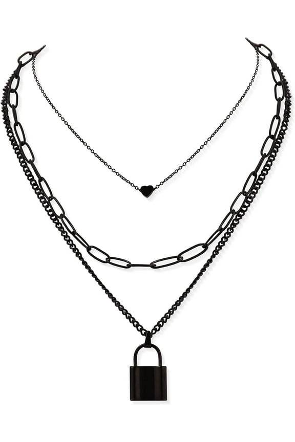 Gothic Silver-Tone, Black Layered Heart Lock Necklace, Emo Grunge Punk Necklace, Goth Jewelry, Halloween Christmas Jewelry Gift For Women