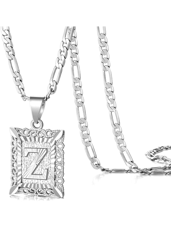 Initial Letter Pendant Necklace for Men Women, 14K Gold Plated Square Capital Monogram Necklace Alphabets from A-Z Figaro Chain Jewelry