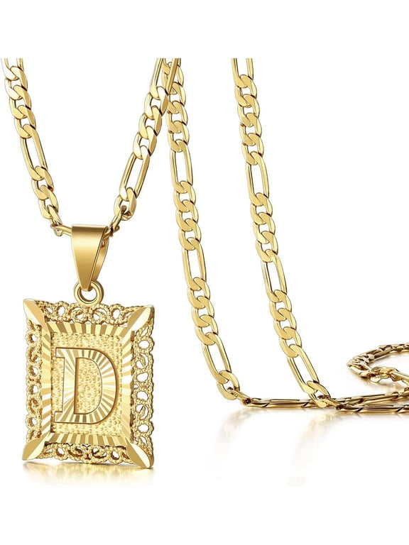 Initial Letter Pendant Necklace for Men Women, 14K Gold Plated Square Capital Monogram Necklace Alphabets from A-Z Figaro Chain Jewelry