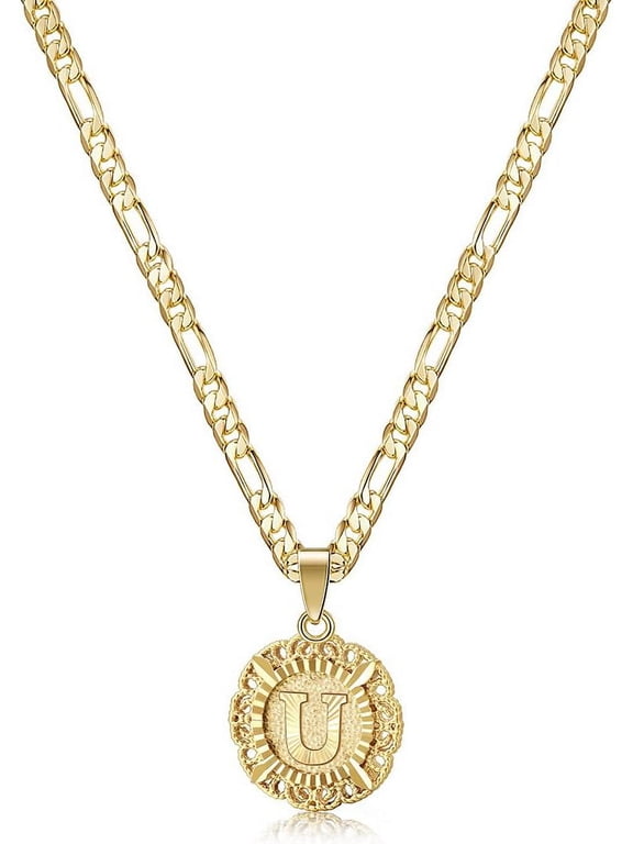 Initial Necklaces for Women, 14K Gold Plated Round Letter Pendant Capital Monogram Necklace Alphabets from A-Z Figaro Chain Jewelry