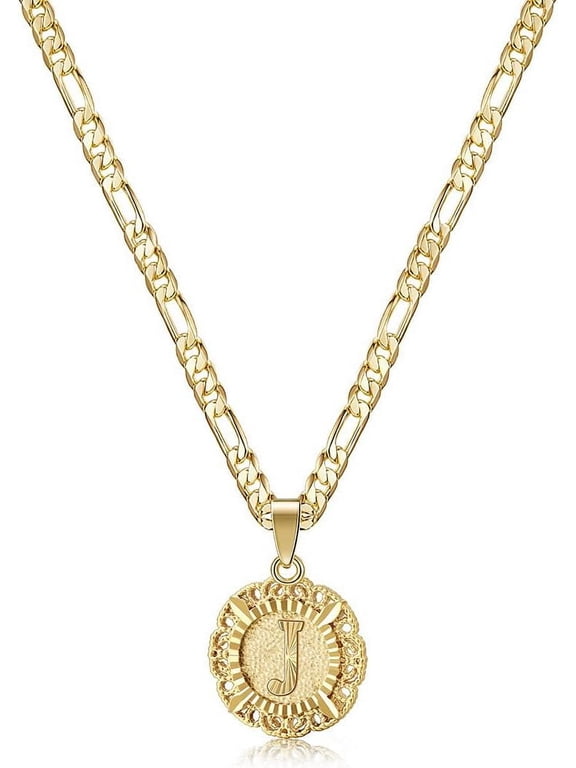 Initial Necklaces for Women, 14K Gold Plated Round Letter Pendant Capital Monogram Necklace Alphabets from A-Z Figaro Chain Jewelry