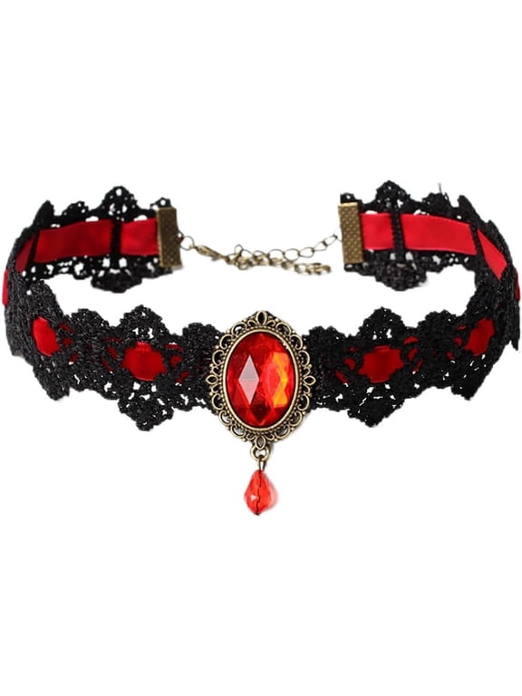 Lace Choker Necklace for Women Black Red Crystal Pendant Gothic Victorian Collar Jewelry Gift for Moms Sisters Friends