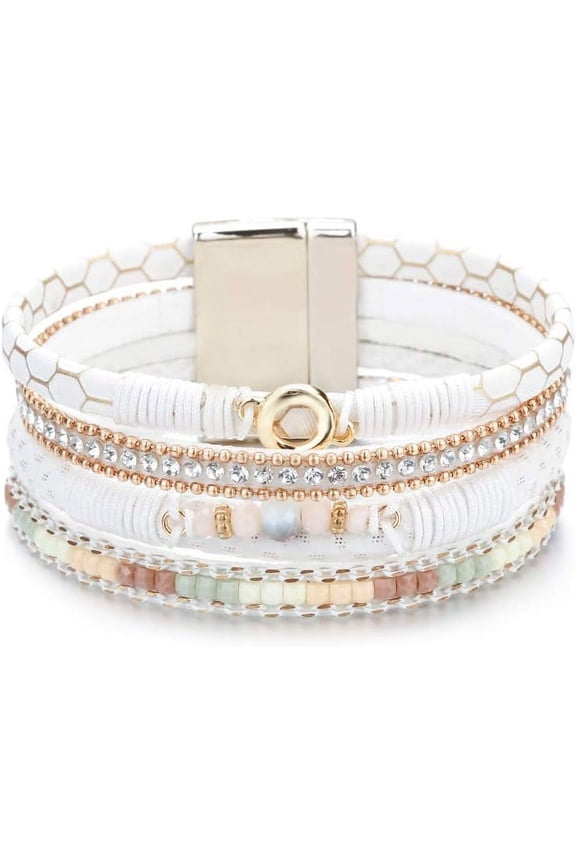 Leather Wrap Bracelets for Women, Boho Leopard Multi-Layer Crystal Beads Cuff Bracelet Jewelry