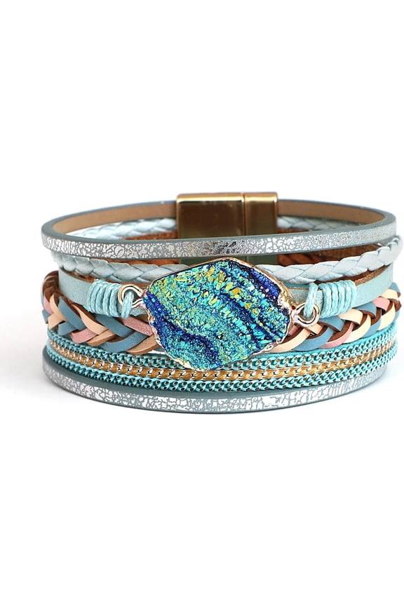 Leopard Bracelet for Women, Boho Leather Wrap Multi-Layer Pearl Crystal Bracelet Bangle Jewelry