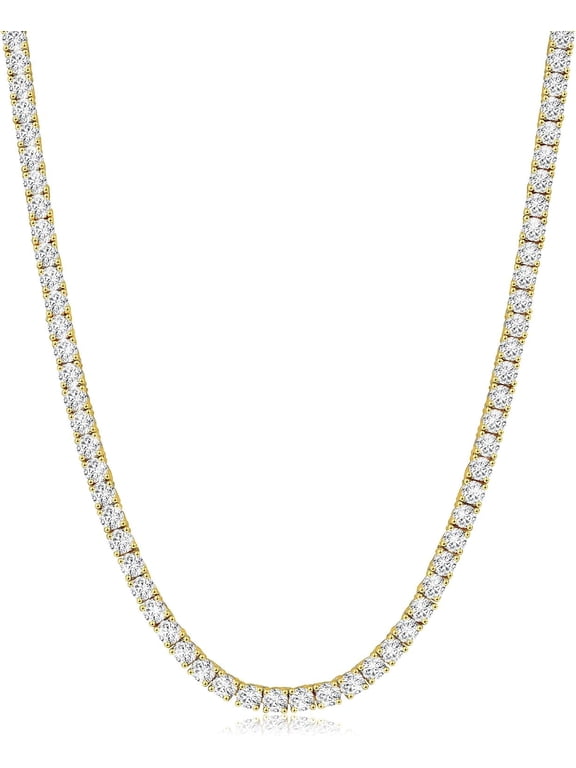 Men's Tennis Necklace, 14K gold plated, single row of AAAAA+ cubic zirconia chain, 3-5 mm wide, durable, ideal gift choice (18-24 inches), hypoallergenic.
