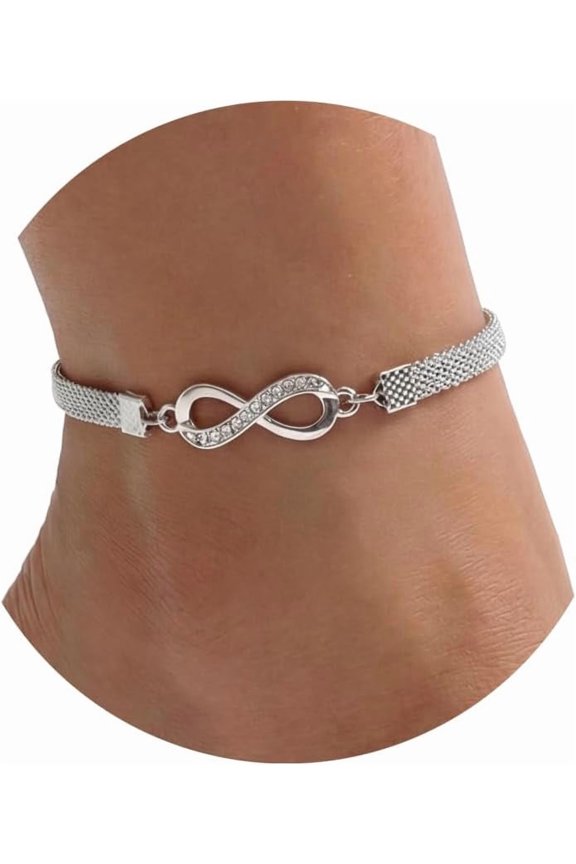 Silver Ankle Bracelets for Women, Adjustable Rhinestone Pendant Tennis Anklet, Butterfly Heart Infinite Diamond Summer Beach Foot Chain Jewelry Gifts