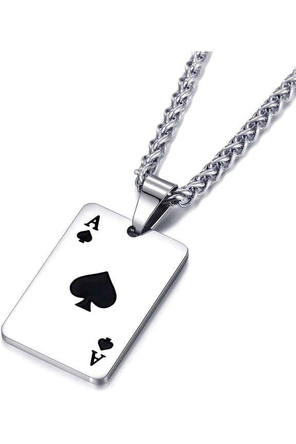 Stainless Steel Ace of Spades Pendant Necklace for Men and Women Poker Card Pendant with 24 Inch Link Chain