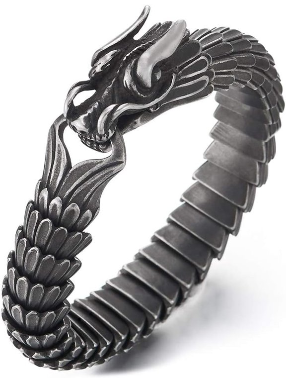 Stainless Steel Dragon Cuff Bracelet for Men, Vintage Oxidized Scale Link Bangle, Biker Gothic Jewelry
