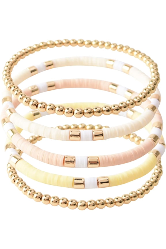 Surfer Heishi Clay Bead Bracelets for Women Bohemian Stackable Gold Plated Beaded Stretch Bracelets Elastic Layering Friendship Bracelets Set Boho Jewelry