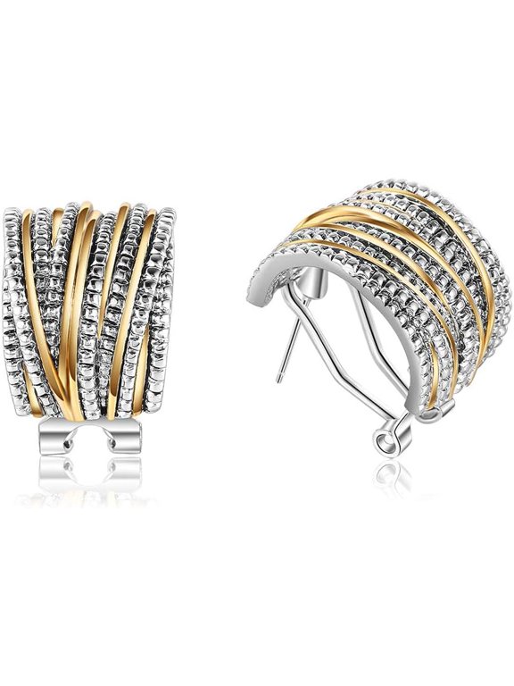 Two Tone Earrings for Women Gold and Silver Crossover Half Hoop Statement Earring Designer Stud Earrings