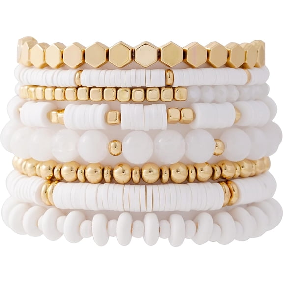 Soleilie Women's Bohemian Style Stackable Gold-Plated Beaded Elastic Bracelet, Elastic Stackable Friendship Bracelet Set, Bohemian Style Jewelry