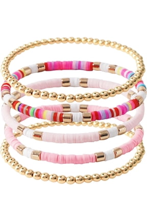 Women's Bohemian Style Stackable Gold-Plated Beaded Elastic Bracelet, Elastic Stackable Friendship Bracelet Set, Bohemian Style Jewelry