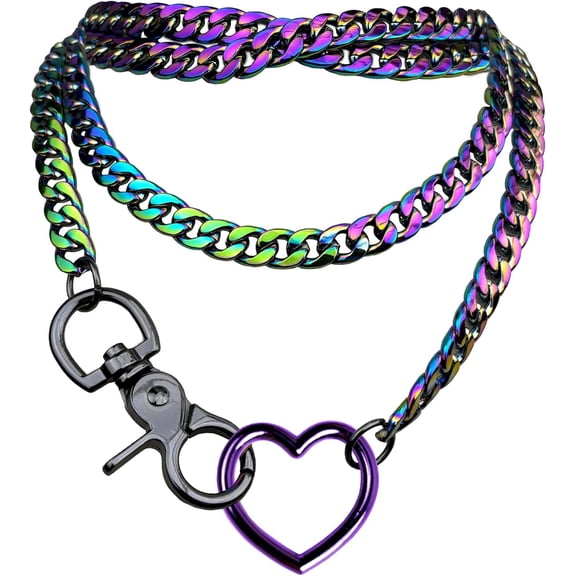Soleilie Women's Slip Chain Rainbow Heart O-Ring Chunky Chain Necklace, Rays Cuban Long Layered Jewelry, Adjustable Lariat Y-Necklace Heart Loop Choker