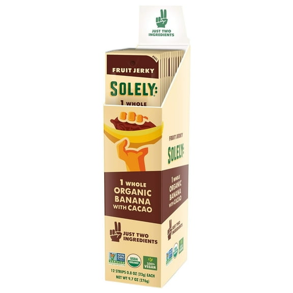 SOLELY Organic Banana with 100% Dark Chocolate Fruit Jerky, 12 Strips, Two Ingredients, Vegan, Non-GMO, Gluten-Free, No Sugar Added