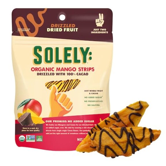 SOLELY Organic Mango Chocolate Drizzled Strips (2.8 oz Resealable Bags, Pack of 4), Real Fresh Fruit, Healthy Snacks for All, Vegan, 4 Bags (11.2 oz)