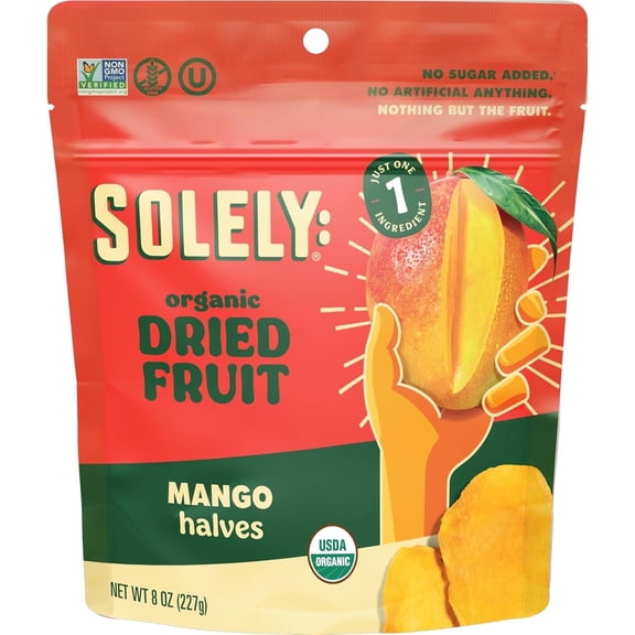 SOLELY Organic Dried Mango Halves, Large 2 pack, Real Fresh Fruit, Portable on-the-go Snack, Vegan, Non-GMO, Healthy Snack for Kids & Adults, No Sugar