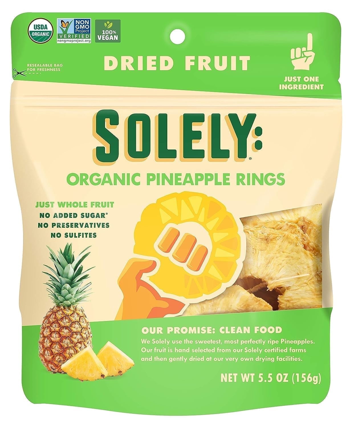 SOLELY Organic Dried Pineapple Rings (5.5 oz Resealable Bags, pack of 4), Real Fresh Fruit, 1 Ingredient, Healthy Snacks for All, Vegan 4 Bags (22 oz)