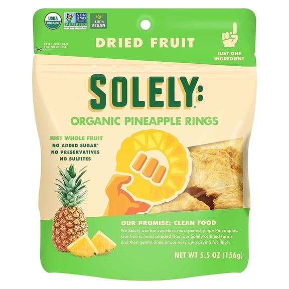 SOLELY Organic Dried Pineapple Rings (5.5 oz Resealable Bags, pack of 4), Real Fresh Fruit, 1 Ingredient, Healthy Snacks for All, Vegan 4 Bags (22 oz)