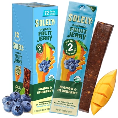 SOLELY Organic Mango Blueberry Fruit Jerky,12 Individually Wrapped Strips, Made from Dried Fruit, Healthy Snacks for All, Vegan Snacks, 0.8oz (23g)