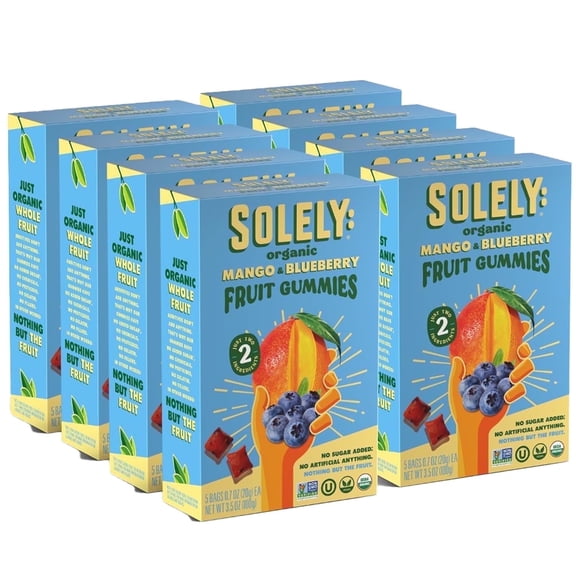SOLELY Organic Mango & Blueberry Whole Fruit Gummies (pack of 8 Boxes, 5 Bags per Box), Healthy Chewy Snacks for All, Vegan Snacks, 40 Bags (3.5 oz)