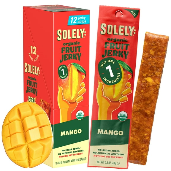 Solely - Organic Mango Fruit Jerky AIS1- 12 Individually Wrapped Fruit Strips - Fruit Leather Made from Dried Fruits - Healthy Snacks, Vegan - 0.8oz (23g)