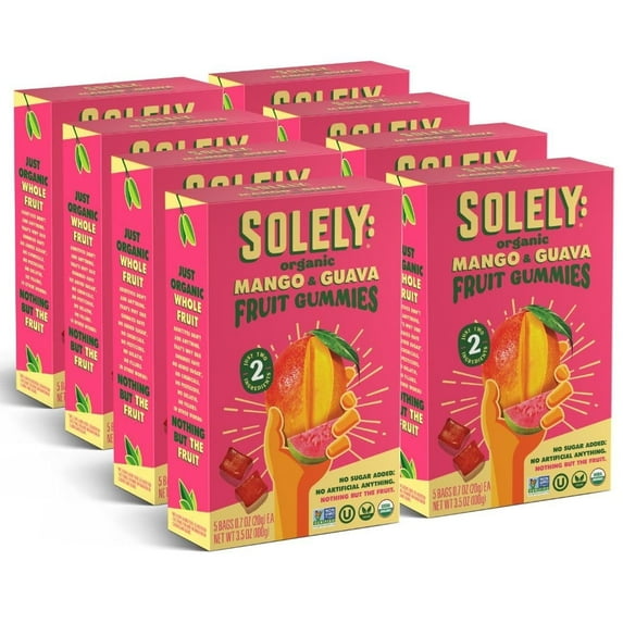 SOLELY Organic Mango & Guava Whole Fruit Gummies (pack of 8 Boxes, 5 Bags per Box), Healthy Chewy Snacks for All, Vegan Snack, 40 Bags (3.5 oz)