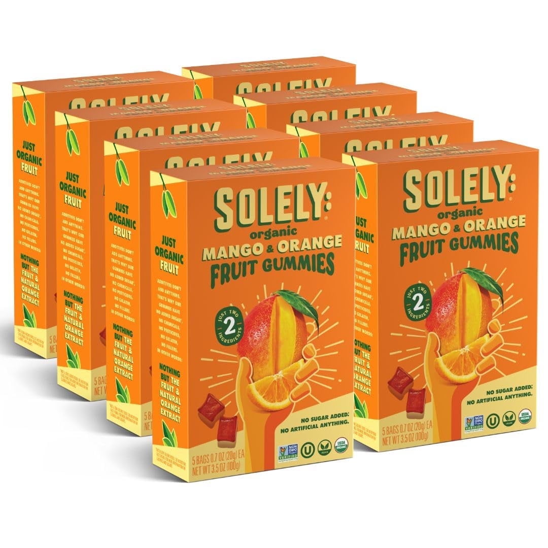 SOLELY Organic Mango & Orange Whole Fruit Gummies (pack of 8 Boxes, 5 Bags per Box), Real Fresh Fruit, Healthy Chewy Snacks for All, 40 Bags (3.5 oz)