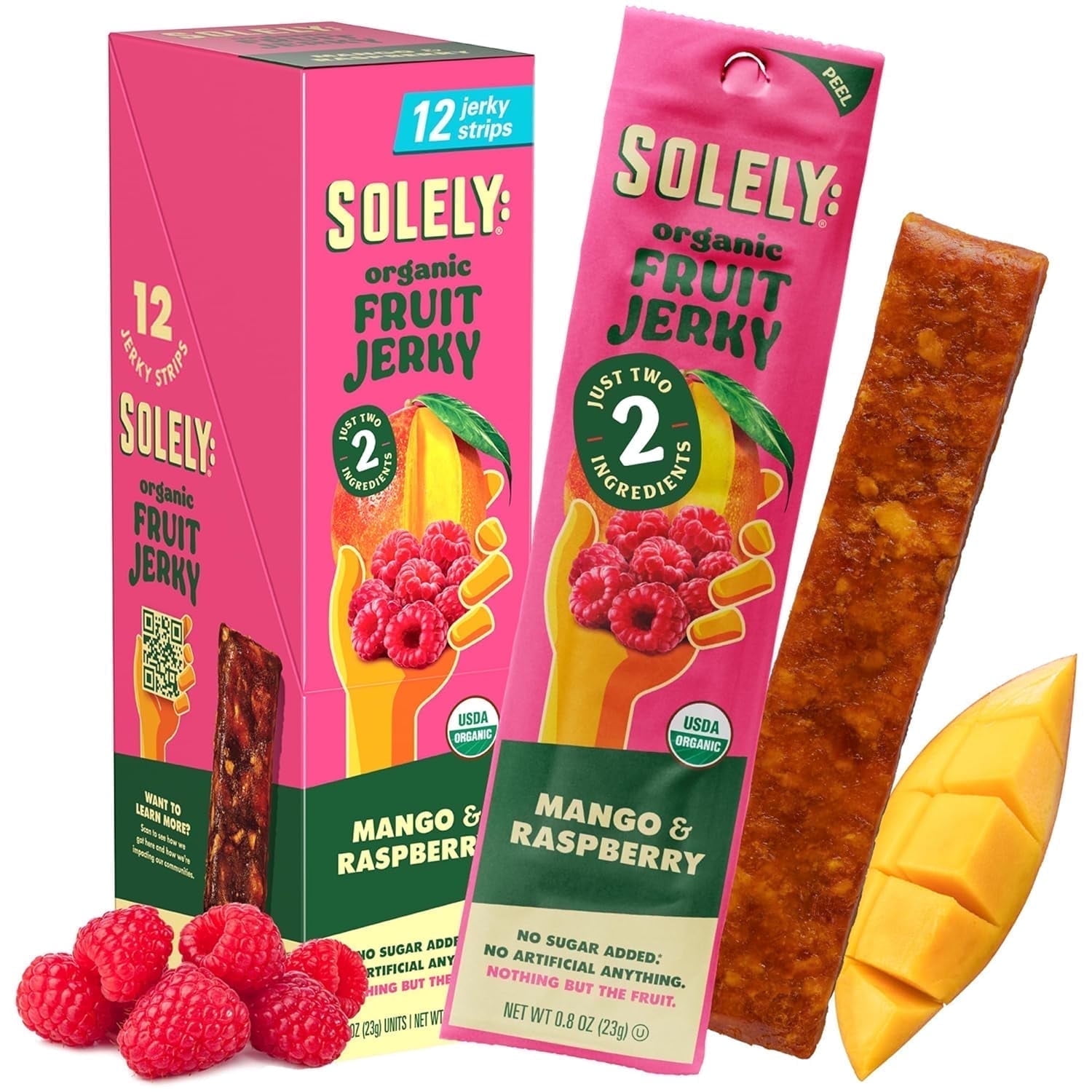 SOLELY Organic Mango Raspberry Fruit Jerky, 12 Individually Wrapped Fruit Strips, Leathery Texture, Healthy Snacks for All, Vegan Snack, 0.8oz (23g)