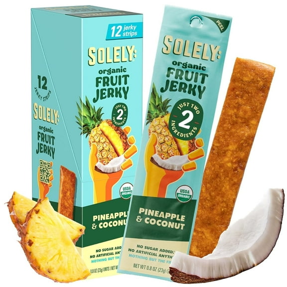 SOLELY Organic Pineapple Coconut Fruit Jerky, 12 Individually Wrapped Strips, Made from Dried Fruit, Healthy Snacks for All, Vegan Snacks, 0.8oz (23g)