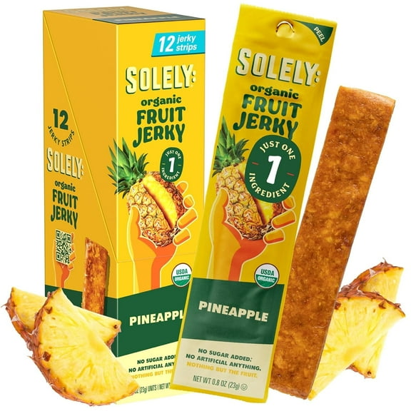 SOLELY Organic Pineapple Fruit Jerky, 12 Individually Wrapped Strips, Made from Dried Fruit, Healthy Snacks for All, Vegan Snack, 0.8oz (23g)