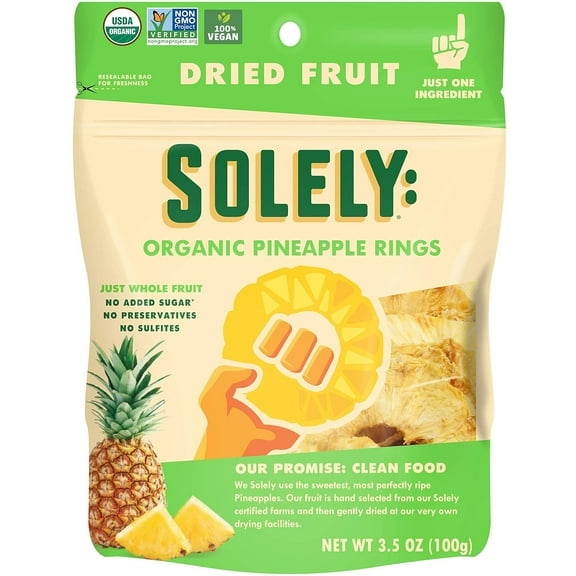 Solely Usda Organic Pineapple Rings Dried Fruit, Non-GMO, 3.5oz (2 Pack)