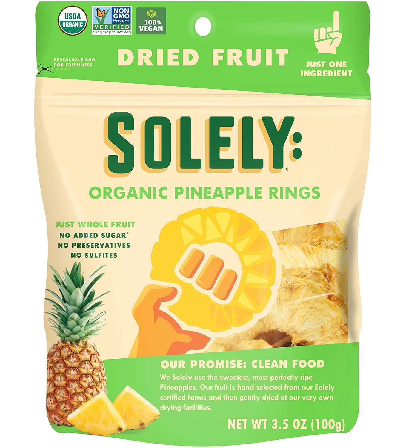 Solely Usda Organic Pineapple Rings Dried Fruit, Non-GMO, 3.5oz (3 Pack)