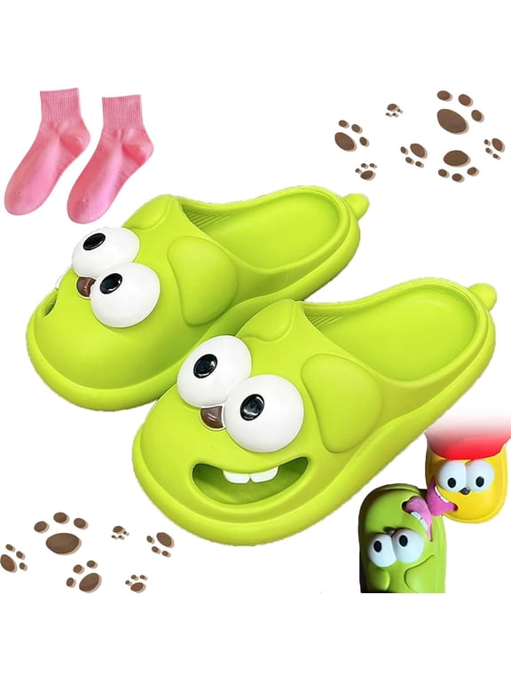 Solemates Kissing Slippers for Couples – Funny 3D Big Eye Dog Tongue Kiss Slides, Cute Cartoon Soulmate House Shoes, Indoor Slippers for Women Men Non-Slip