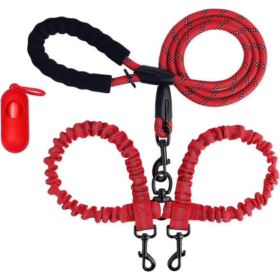 Solennerer Double Dog Leashes Rope Reflective Dog Leash with Two Shock Absorbing Bungee Trainning Leashes for Two Dogs 360 Swivel No Tangle Dog Leash