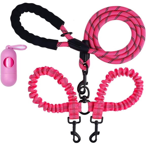Solennerer Double Dog Leashes Rope Reflective Dog Leash with Two Shock Absorbing Bungee Trainning Leashes for Two Dogs 360 Swivel No Tangle Dog Leash